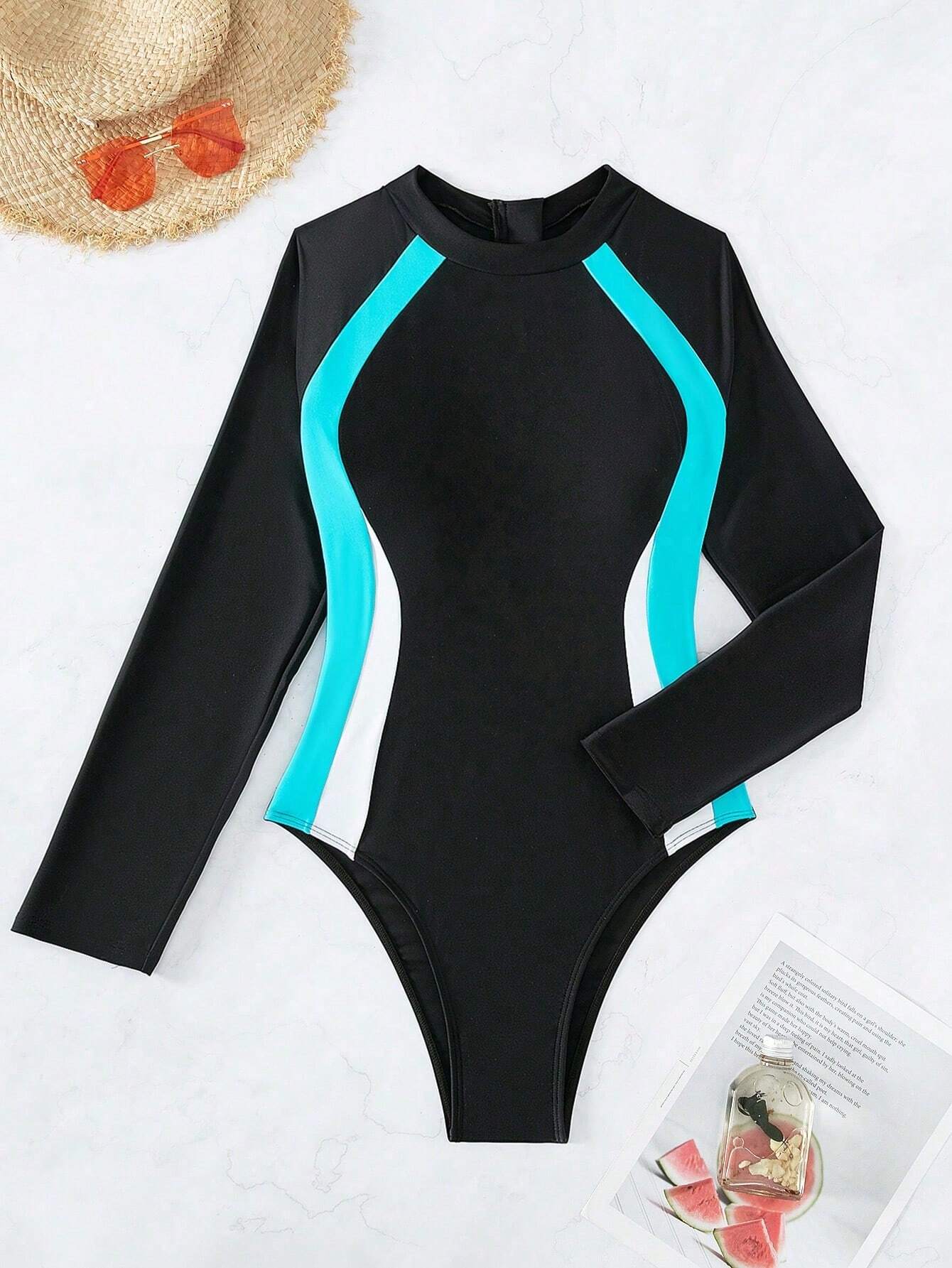 Traje De Baño Deportivo Color Combinado Con Espalda Abierta