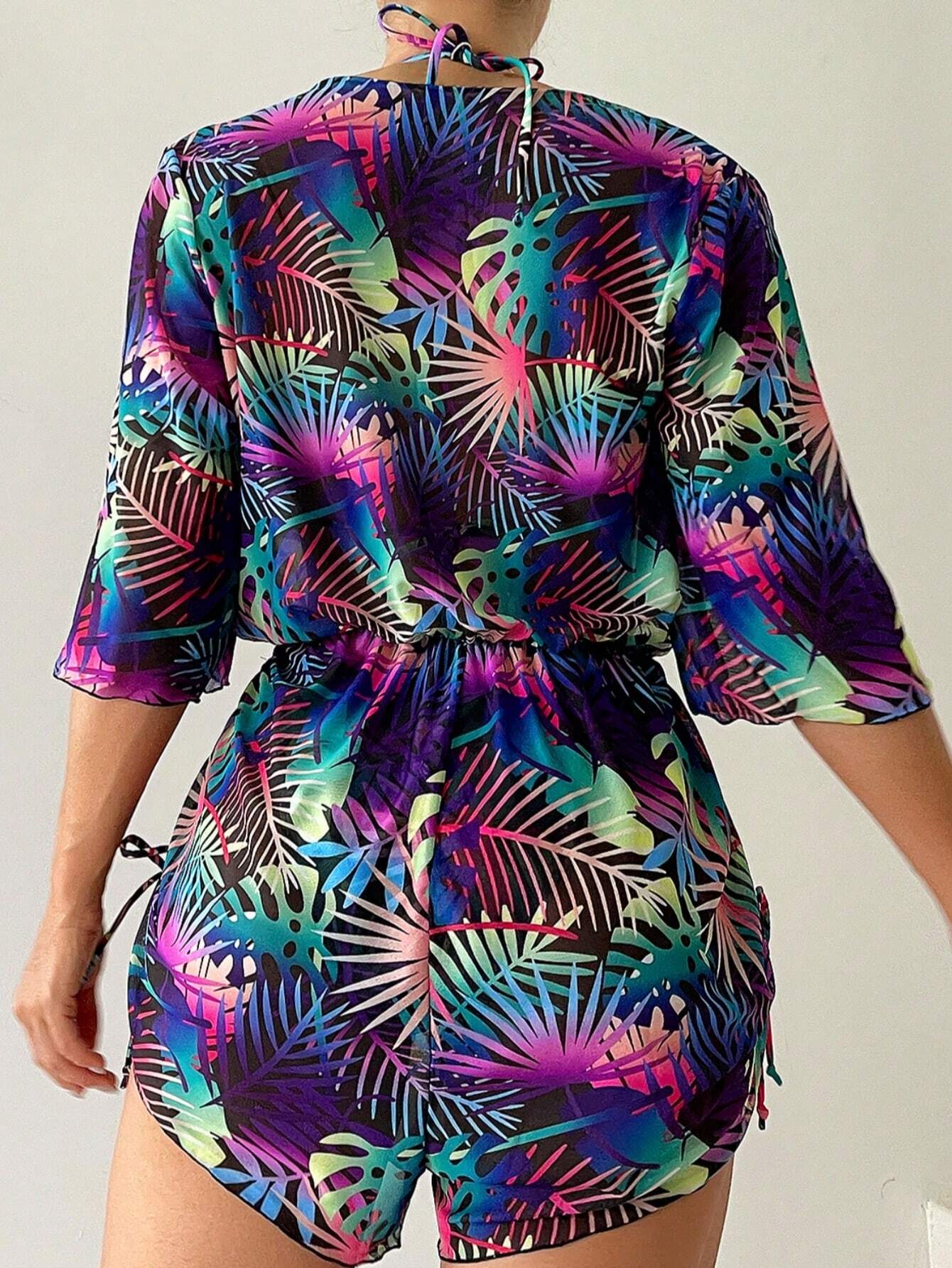 Conjunto De Bikini Tropical Con Salida Estampada Multicolor