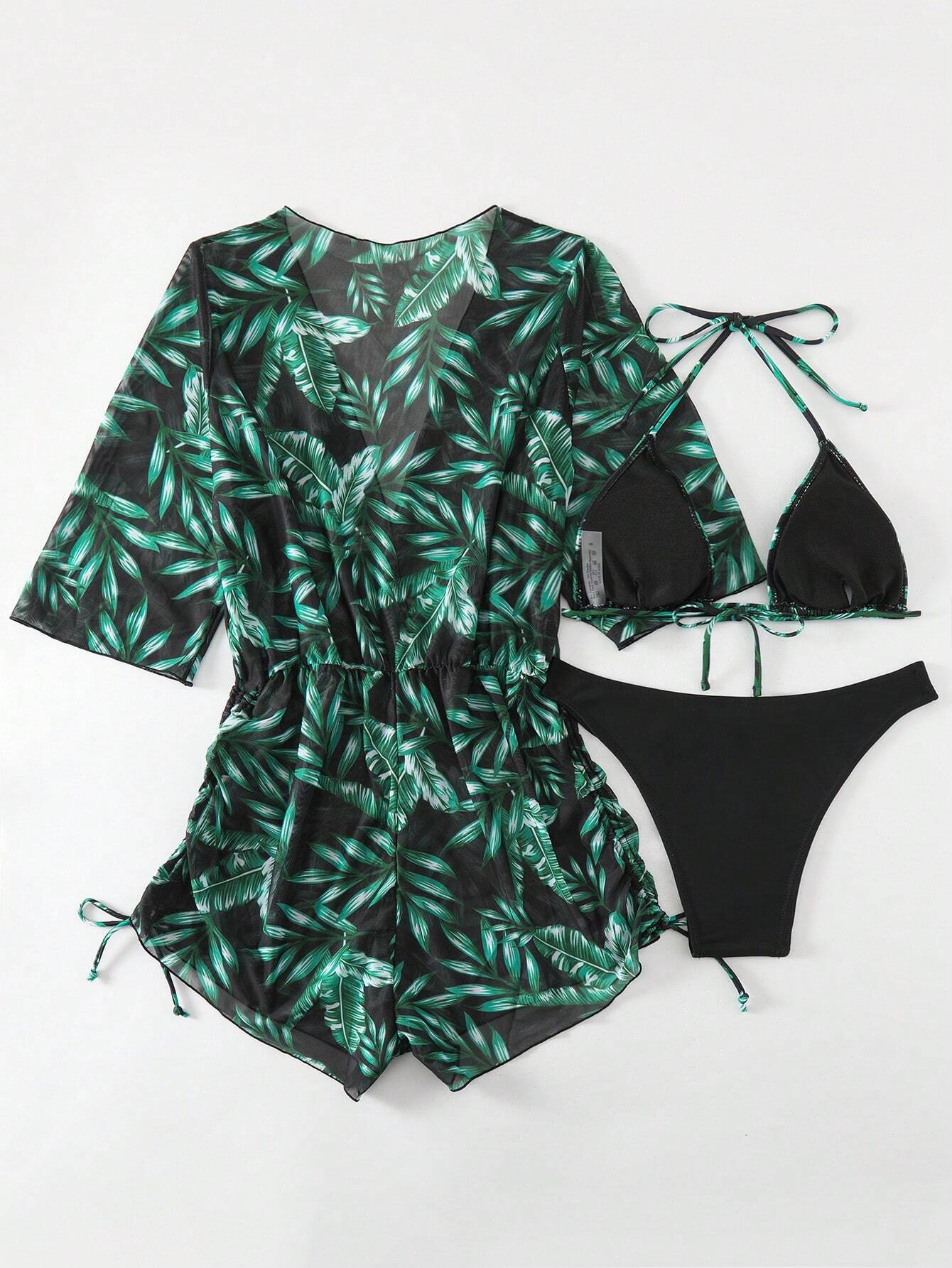 Set De Bikini Verde Oscuro Con Estampado Tropical Y Salida De Playa A Juego