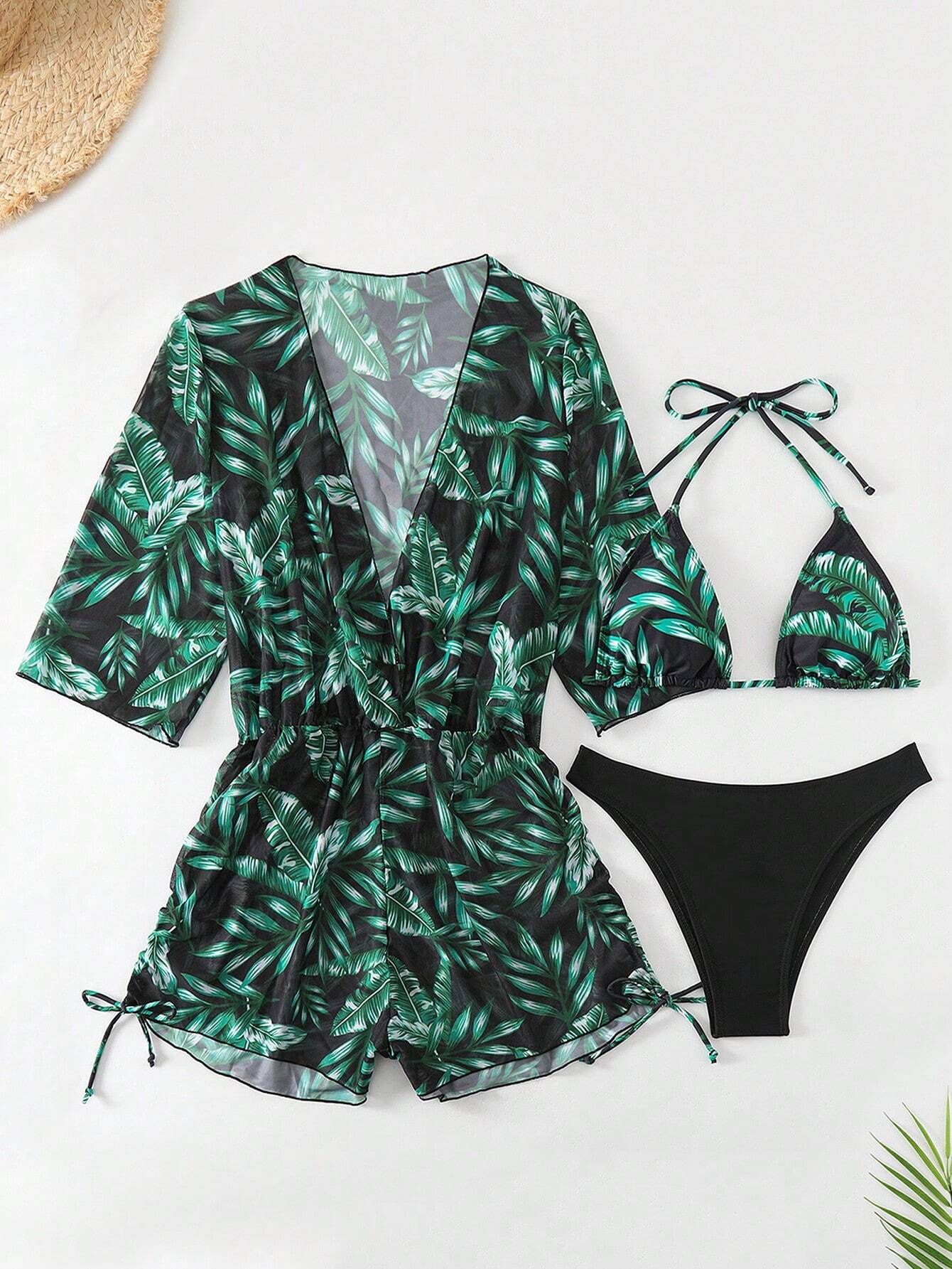 Set De Bikini Verde Oscuro Con Estampado Tropical Y Salida De Playa A Juego