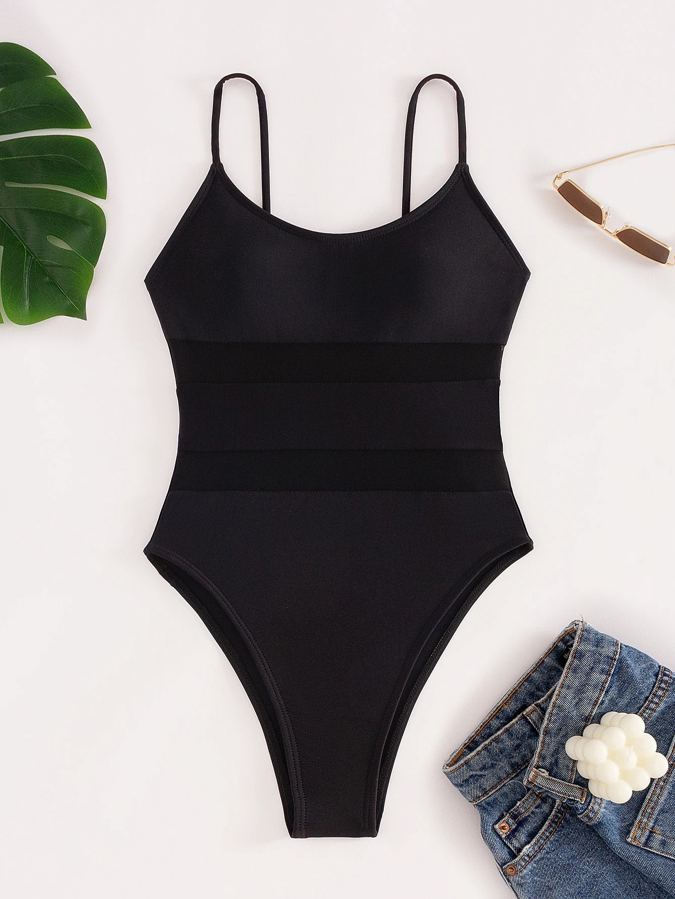 Traje De Baño Enterizo Negro Elegante Con Tirantes Finos Y Paneles De Gasa