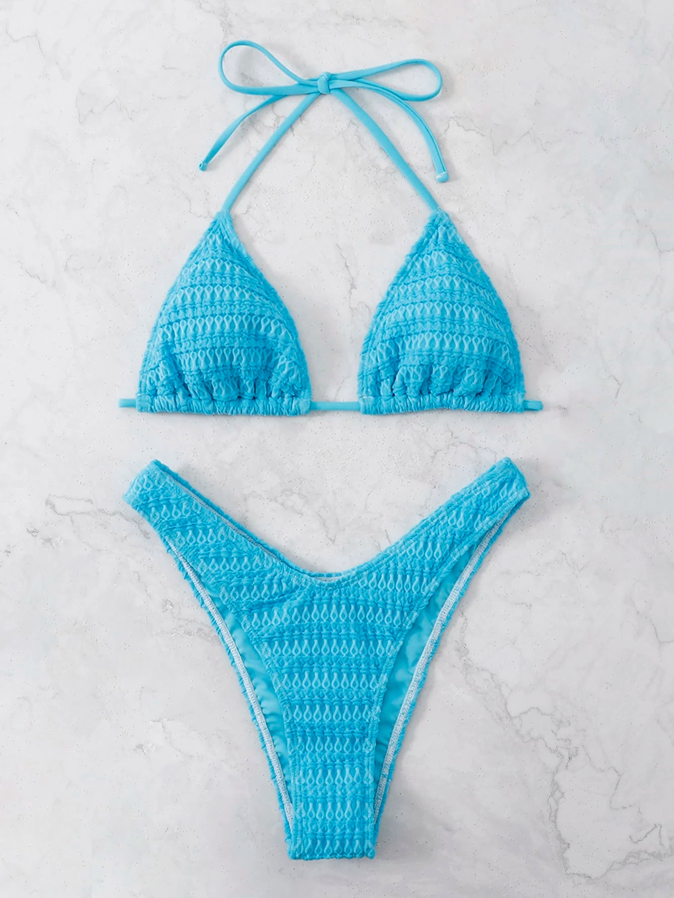 Bikini Halter Azul Menta Texturizado con Corte Alto Set de 2 Piezas
