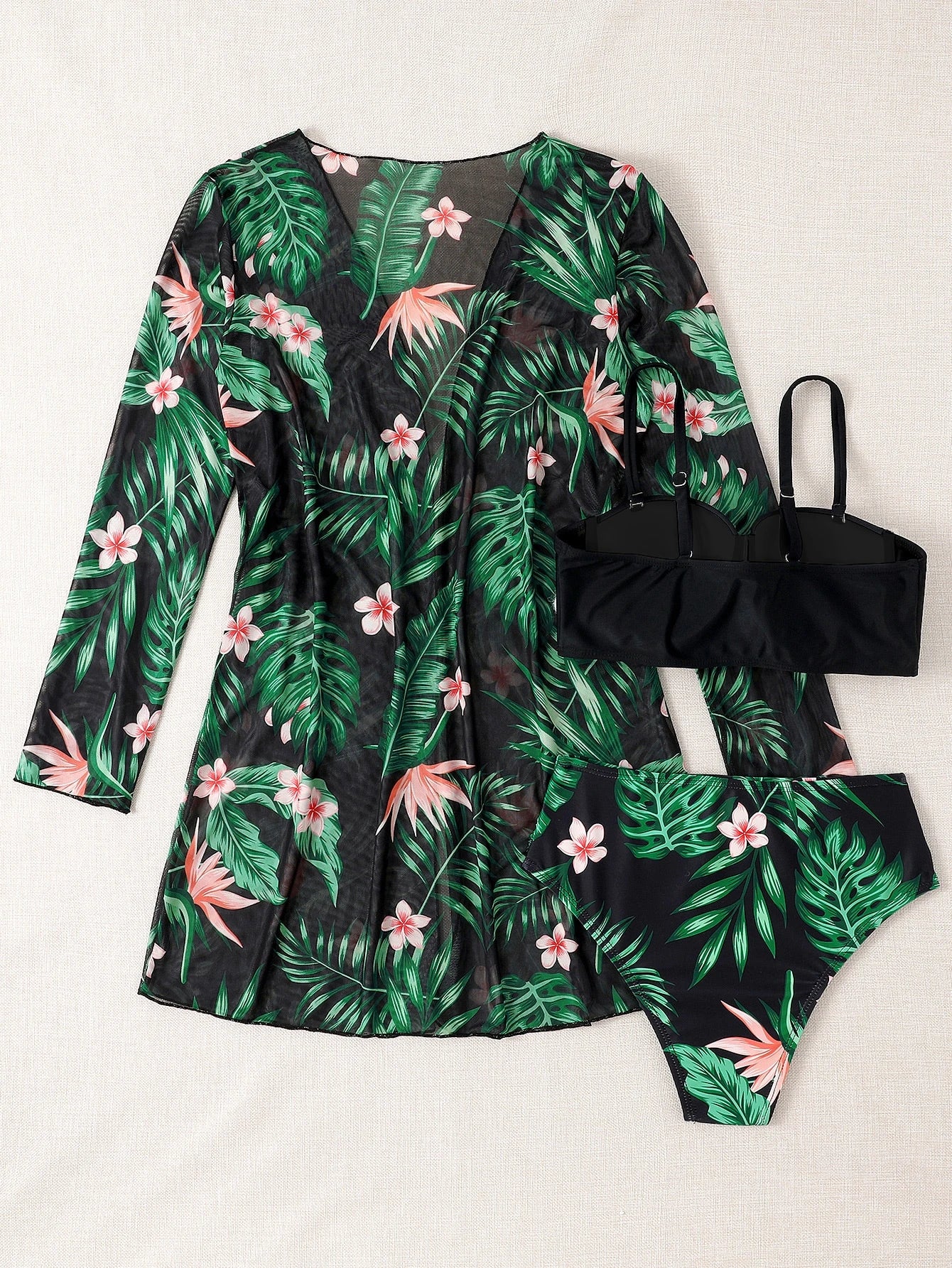 Set de Bikini Tropical Negro con Kimono Estampado y Push Up