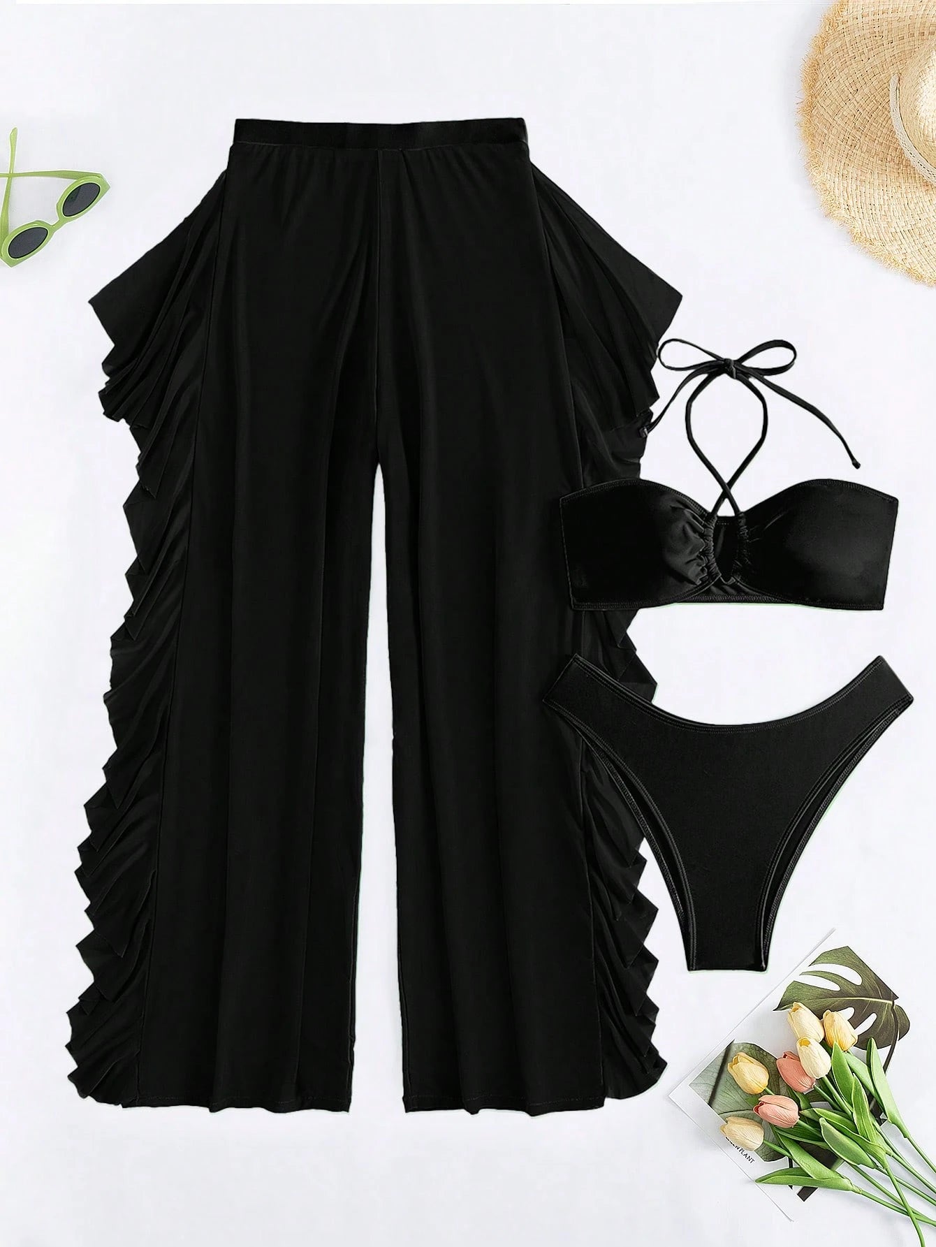 Set De Bikini Negro Con Top Halter Y Pantalón Transparente Con Volantes