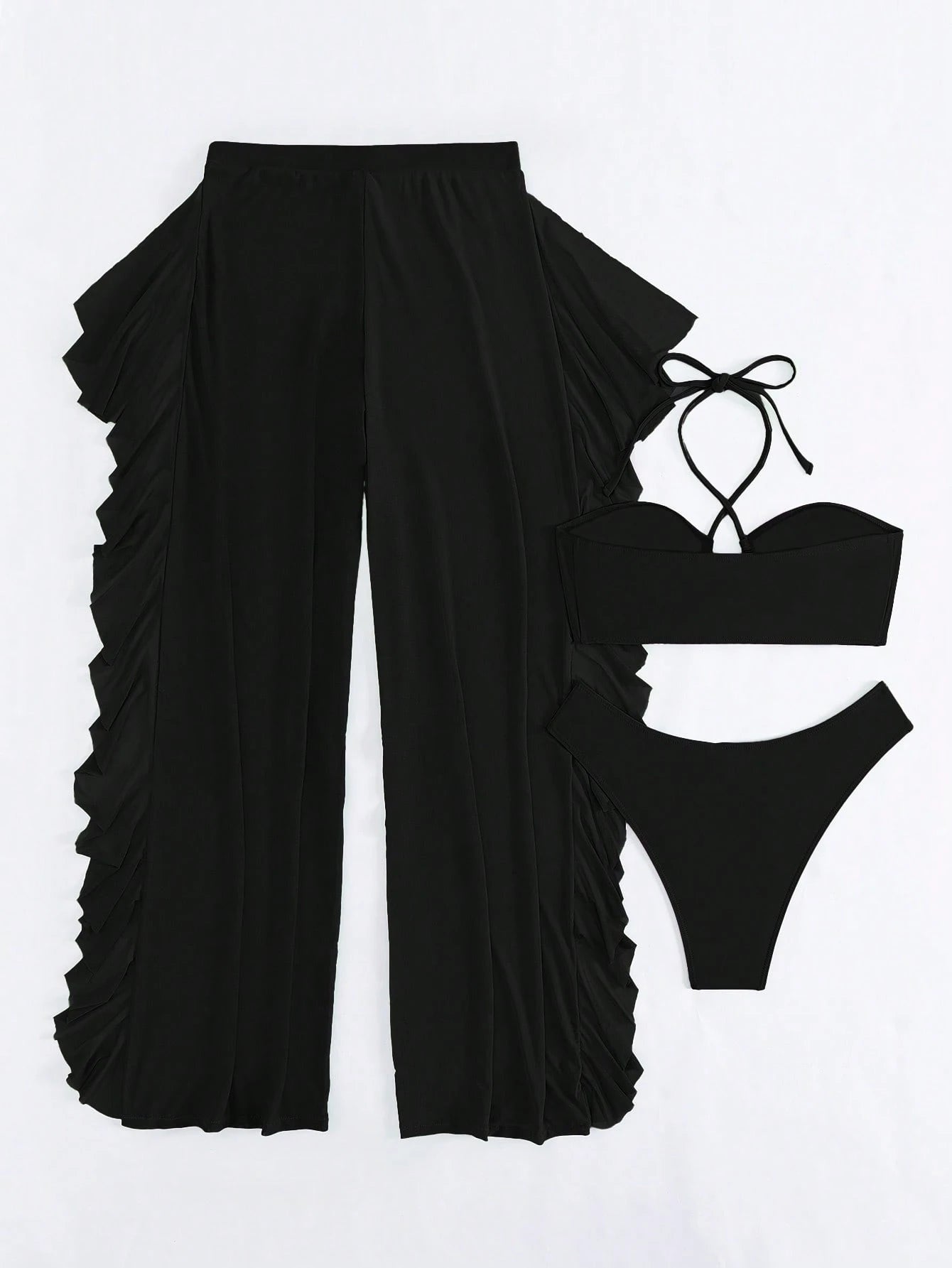 Set De Bikini Negro Con Top Halter Y Pantalón Transparente Con Volantes