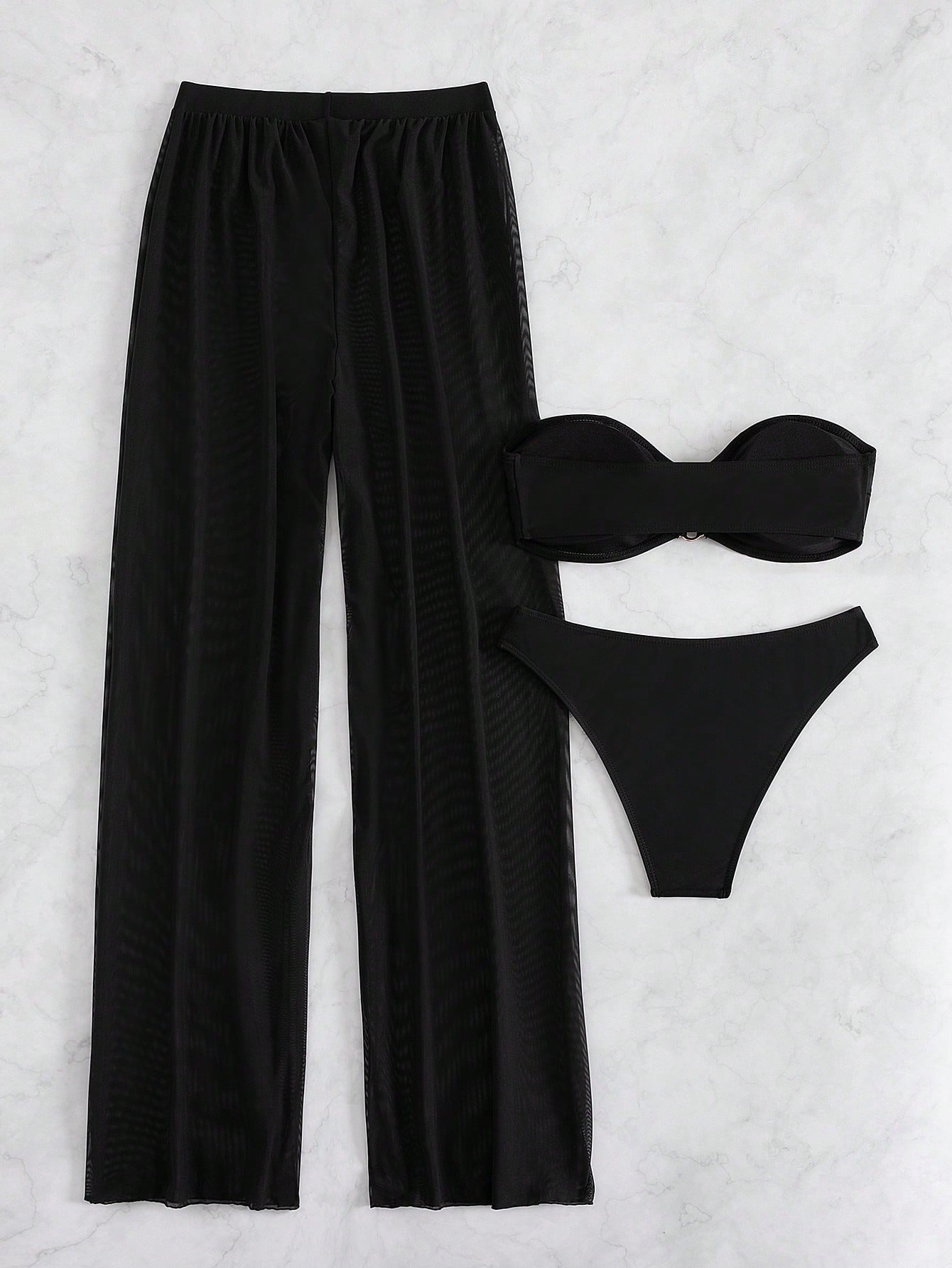 Set De Bikini Negro De Tres Piezas Con Bandeau Y Pantalón Transparente De Cintura Alta
