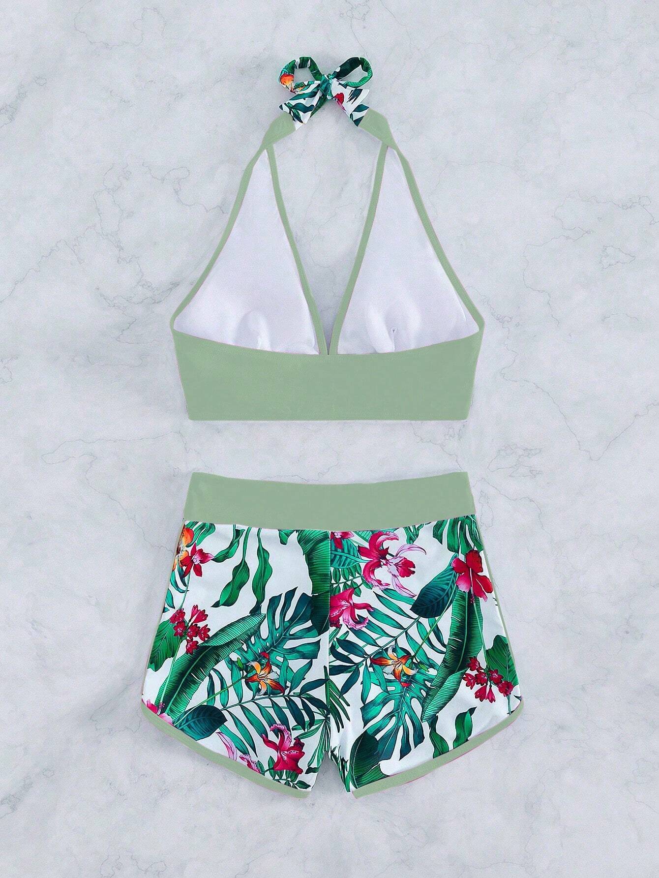 Bikini con Shorts y Estilo Tropical Verde de Ajuste Seguro