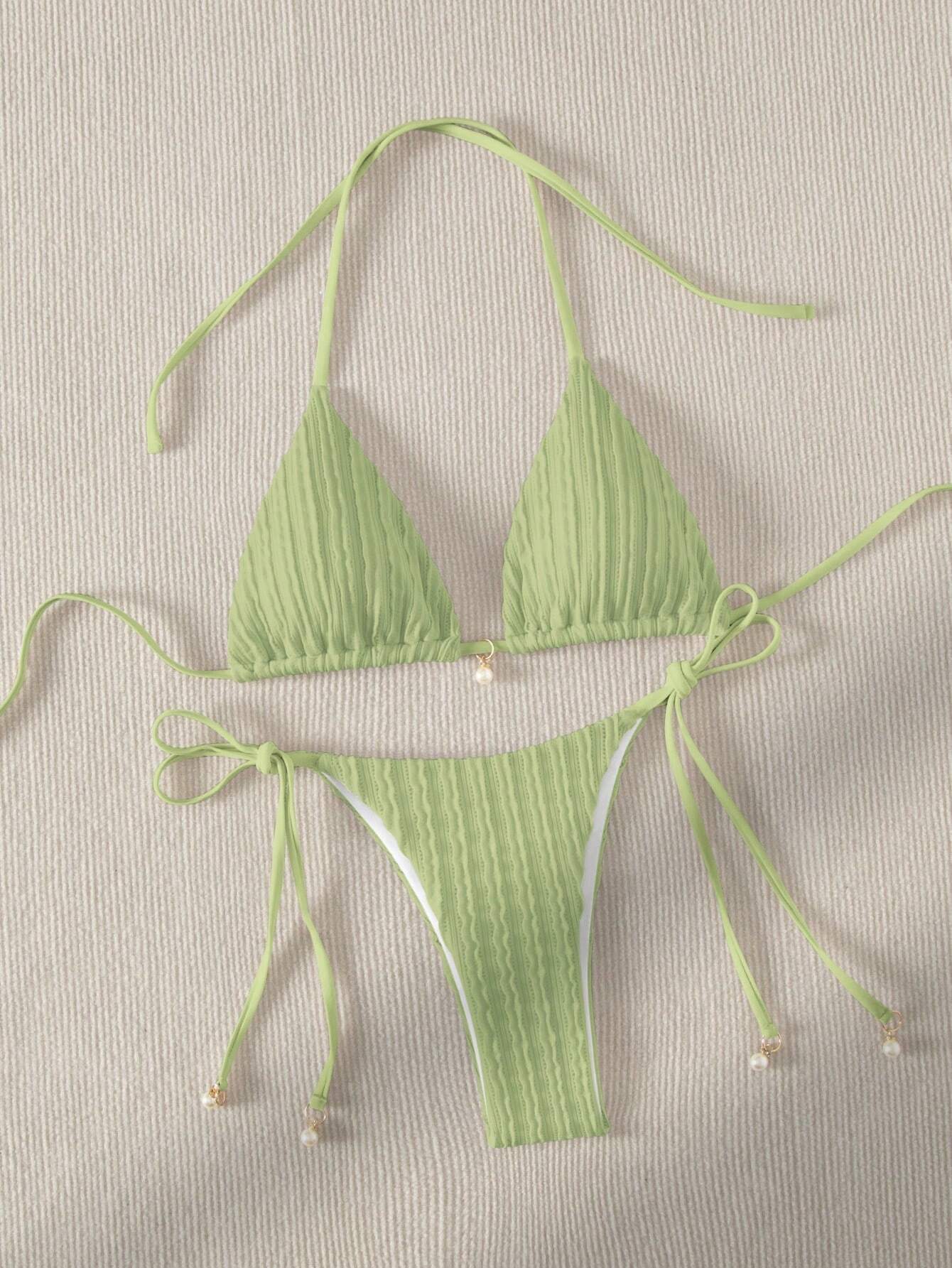 Bikini Con Detalles de Perlas y Ajuste Perfecto Verde