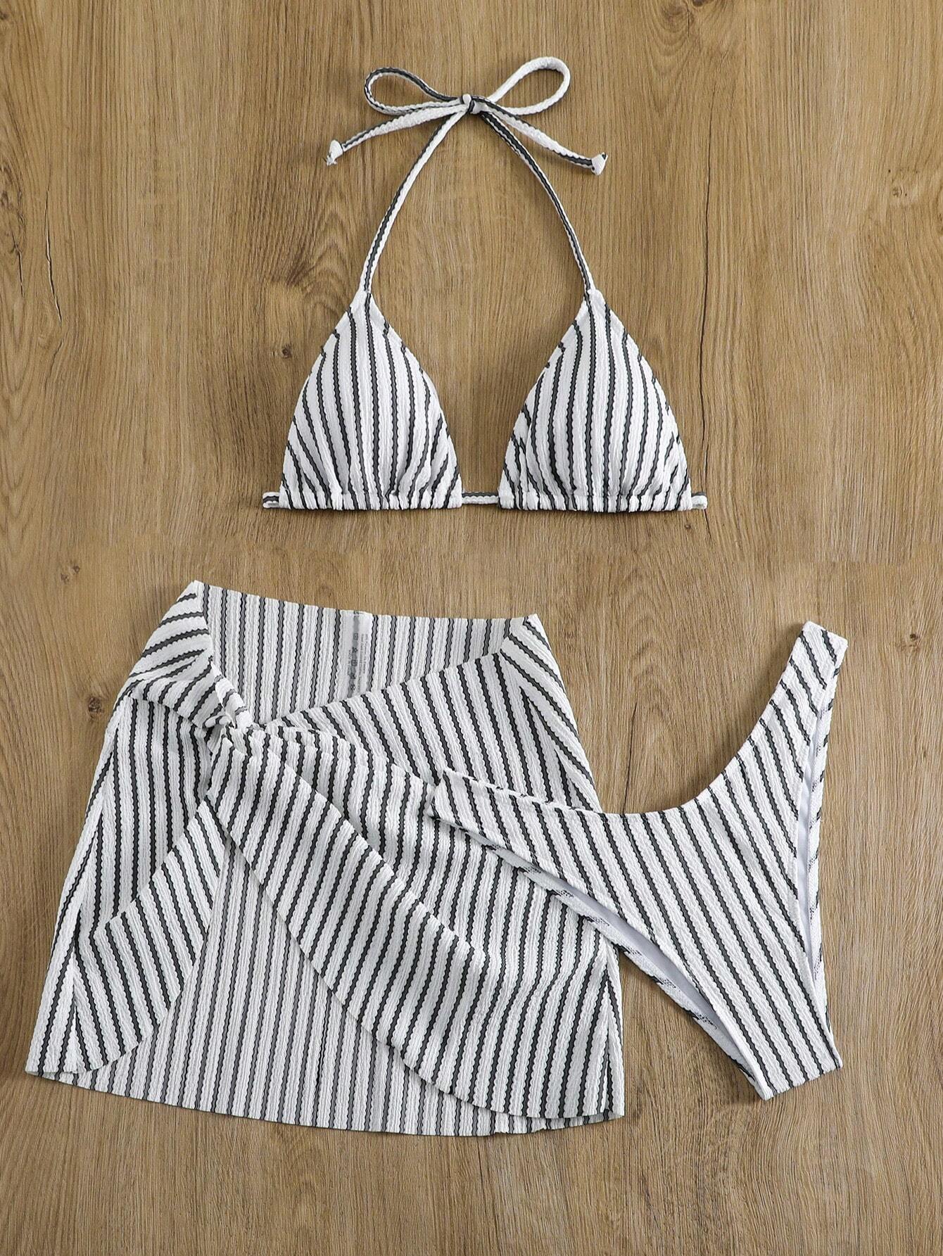 Bikini Halter A Rayas Blanco Y Negro Con Falda