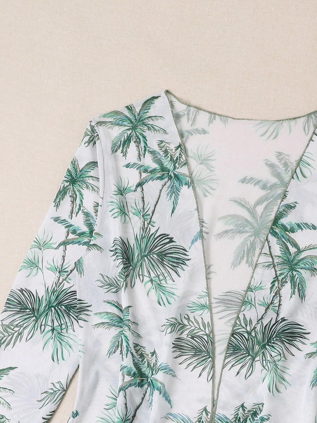 Bikini Tropical Verde Con Kimono Transparente Y Estampado De Palmeras