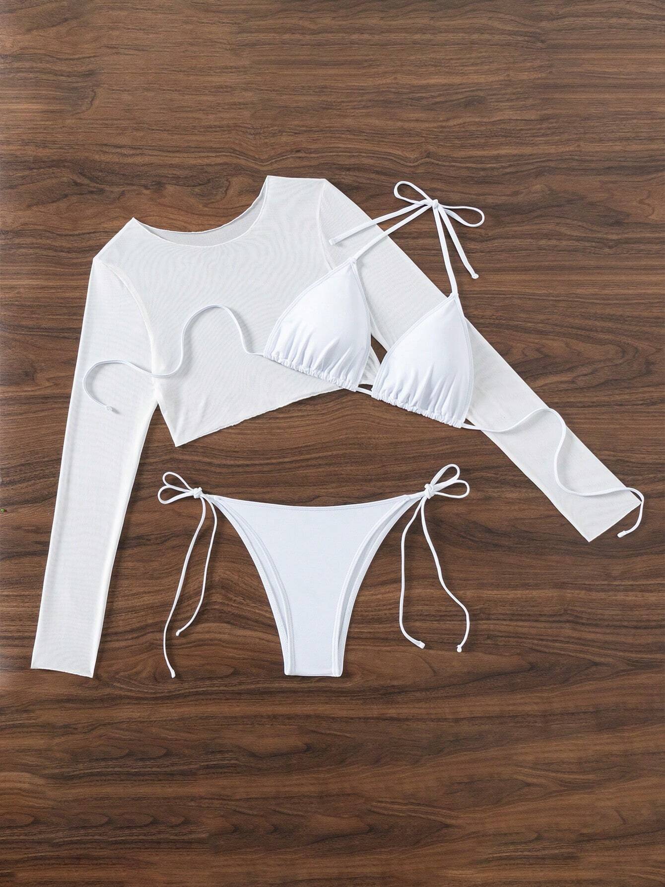 Conjunto De Bikini Blanco Liso Con Blusa De Manga Larga
