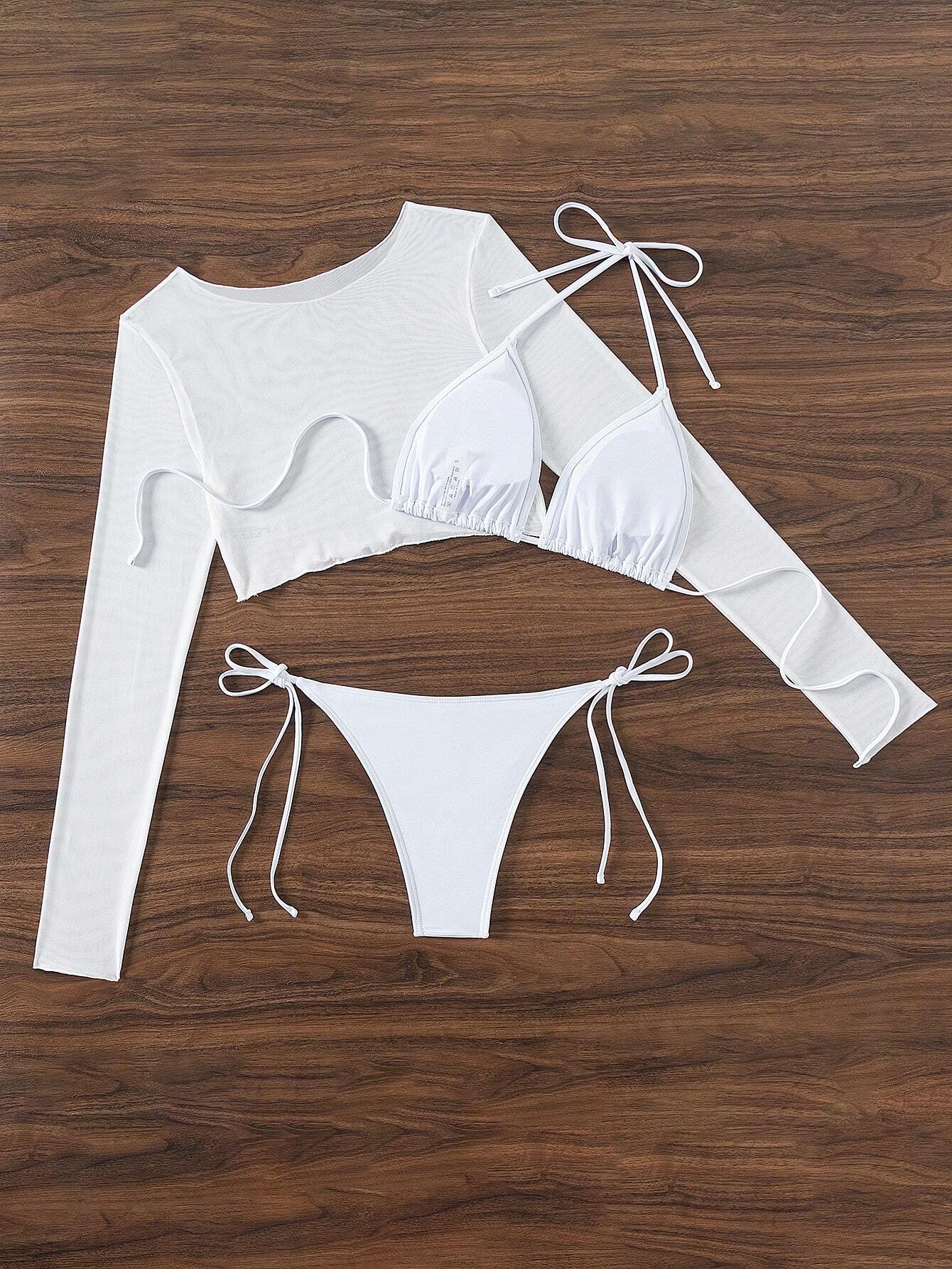 Conjunto De Bikini Blanco Liso Con Blusa De Manga Larga
