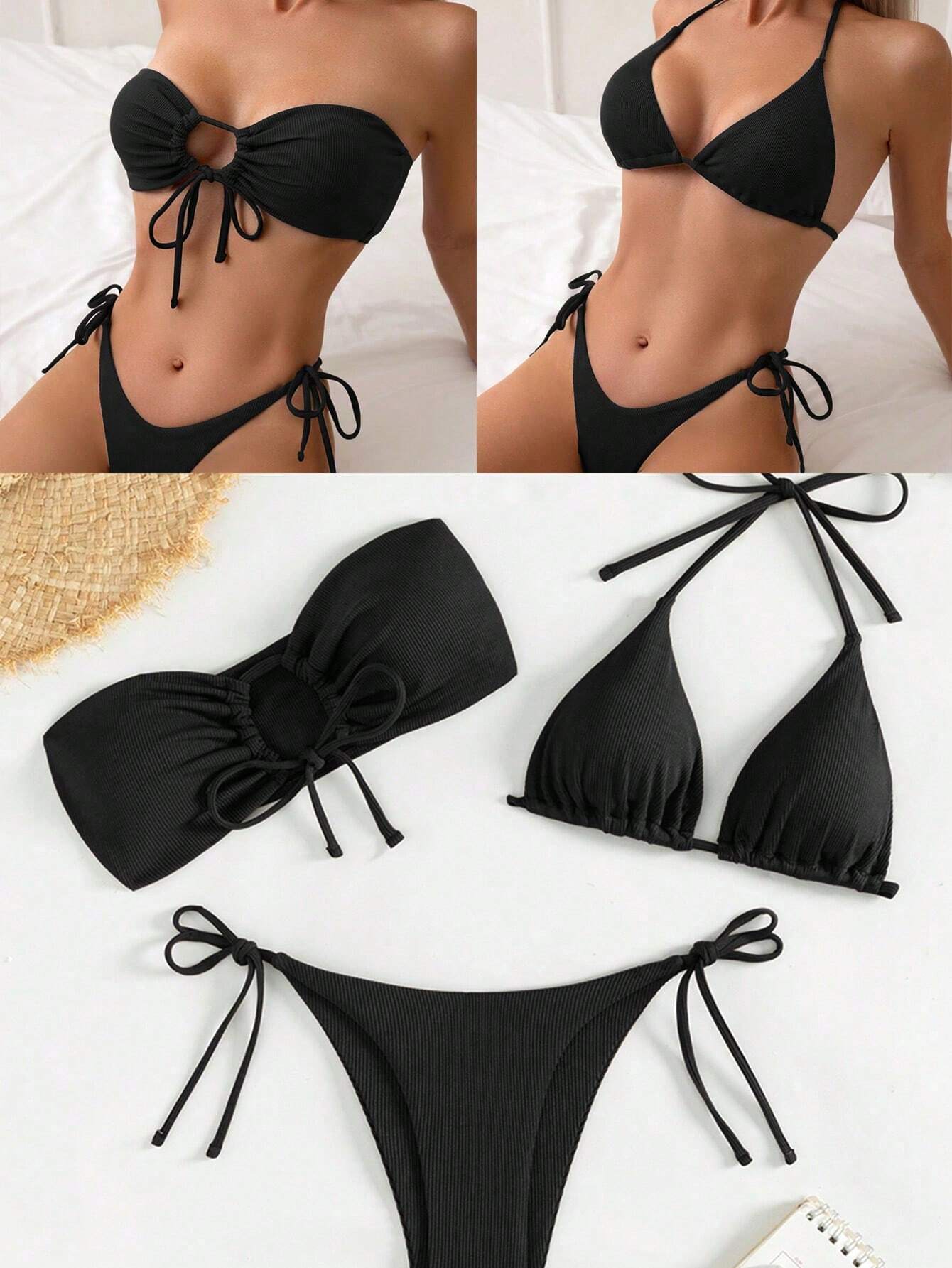 Bikini Negro de Tres Piezas con Lazo Lateral y Top Bandeau
