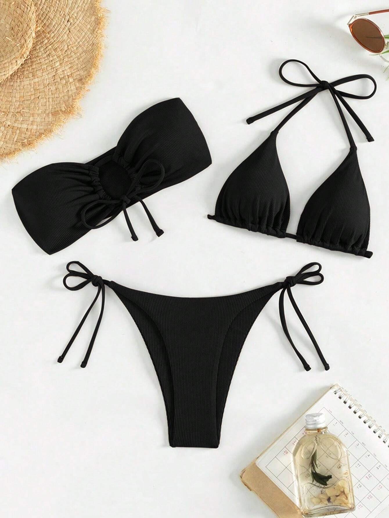 Bikini Negro de Tres Piezas con Lazo Lateral y Top Bandeau