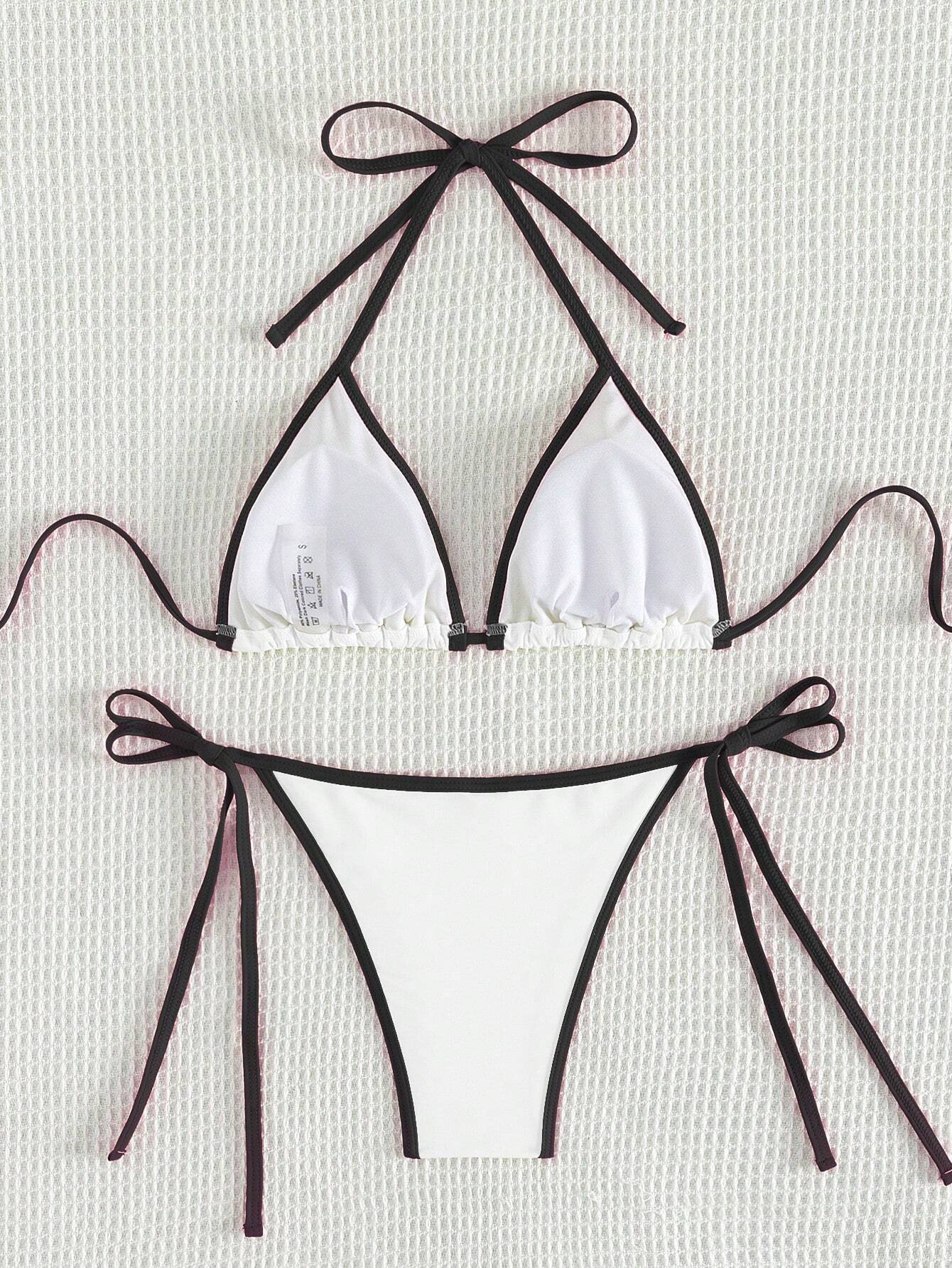 Bikini Blanco Con Ribete Negro Y Lazos Laterales Estilo Sexy