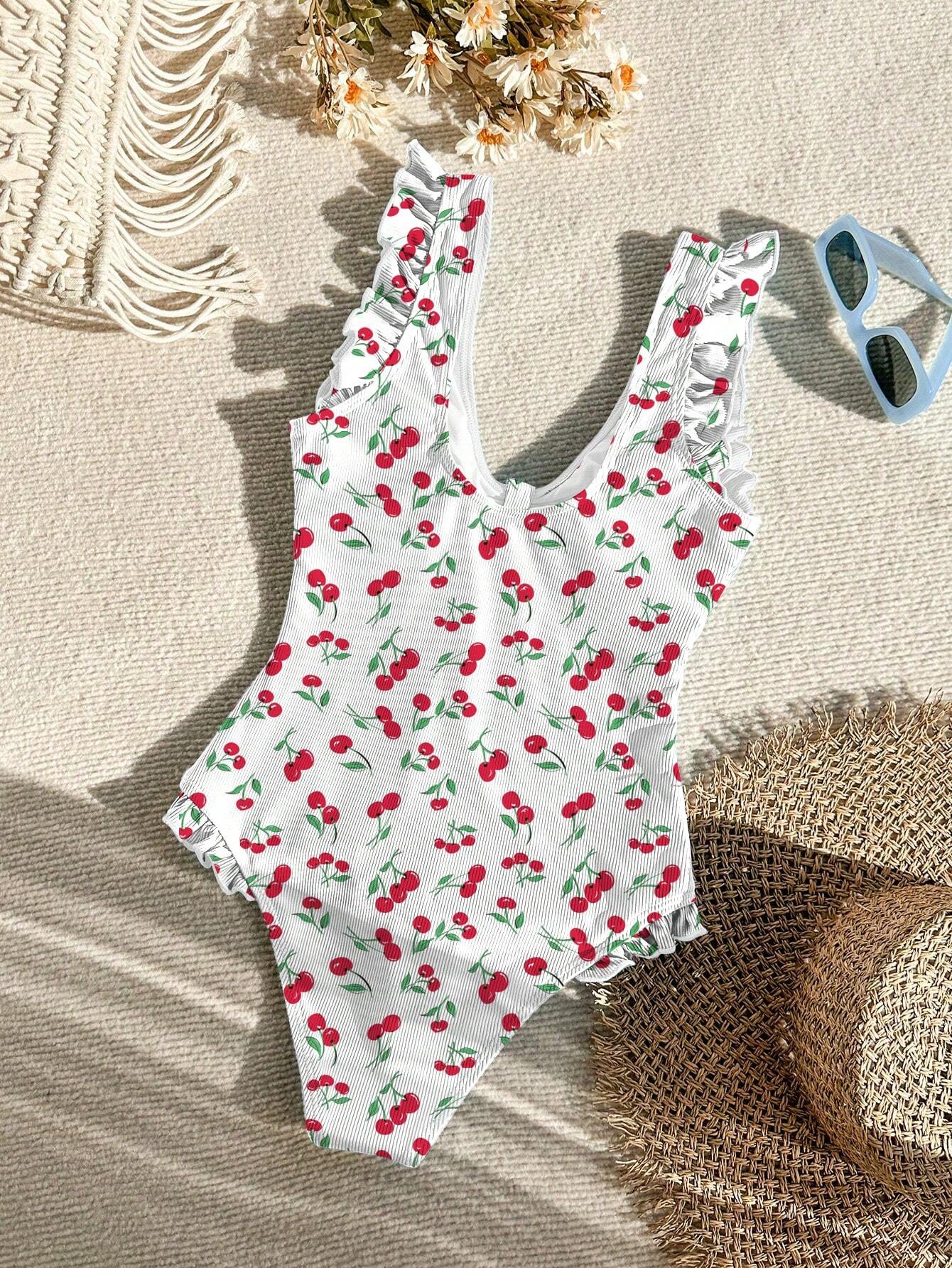 Traje De Baño Enterizo Estampado De Cerezas Con Volantes