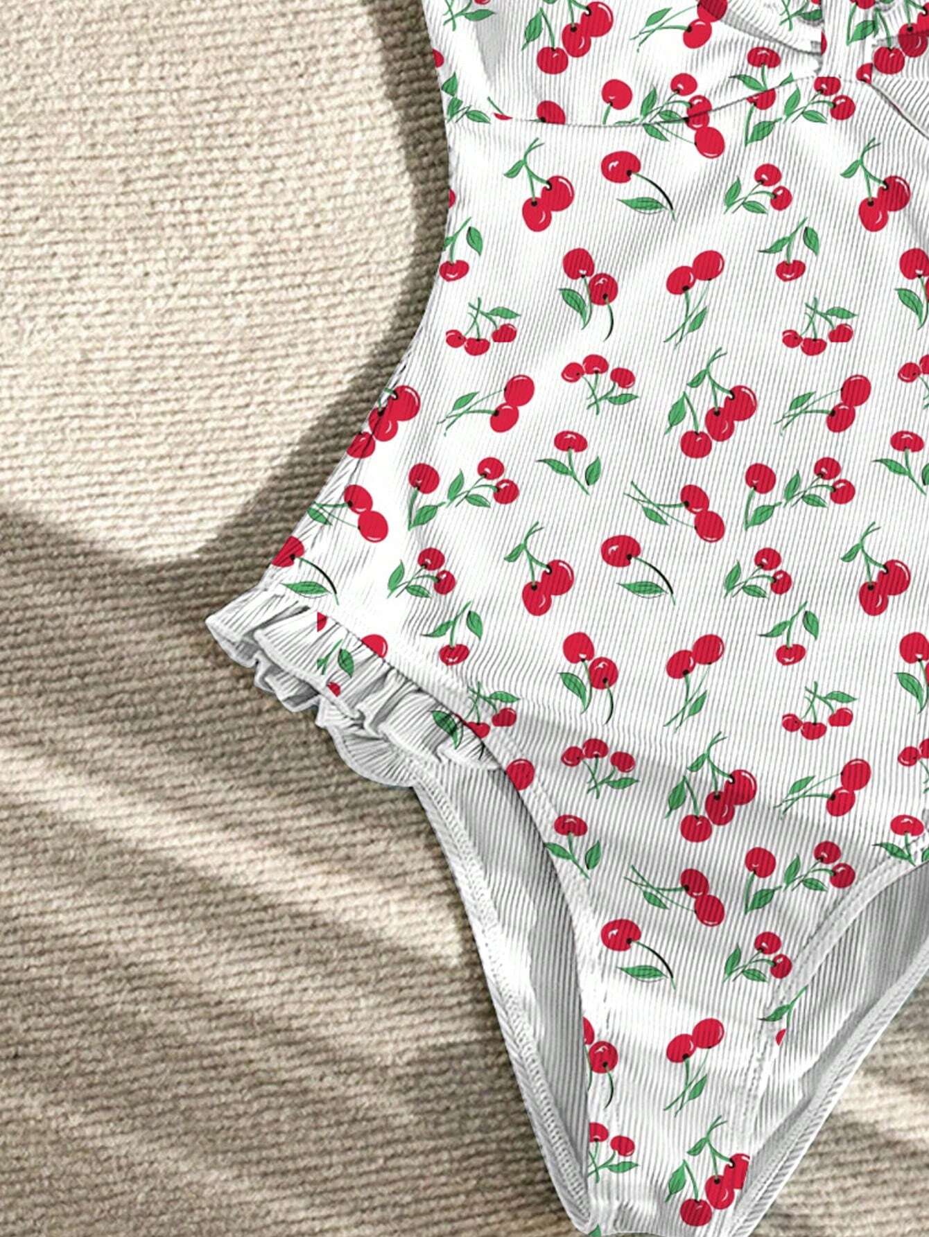 Traje De Baño Enterizo Estampado De Cerezas Con Volantes