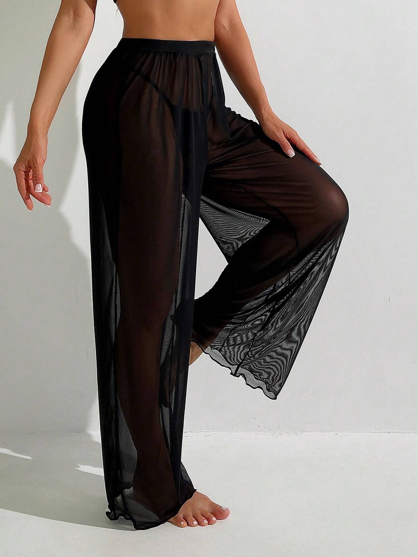 Pantalón Playero Transparente Negro Largo Con Tejido Liviano