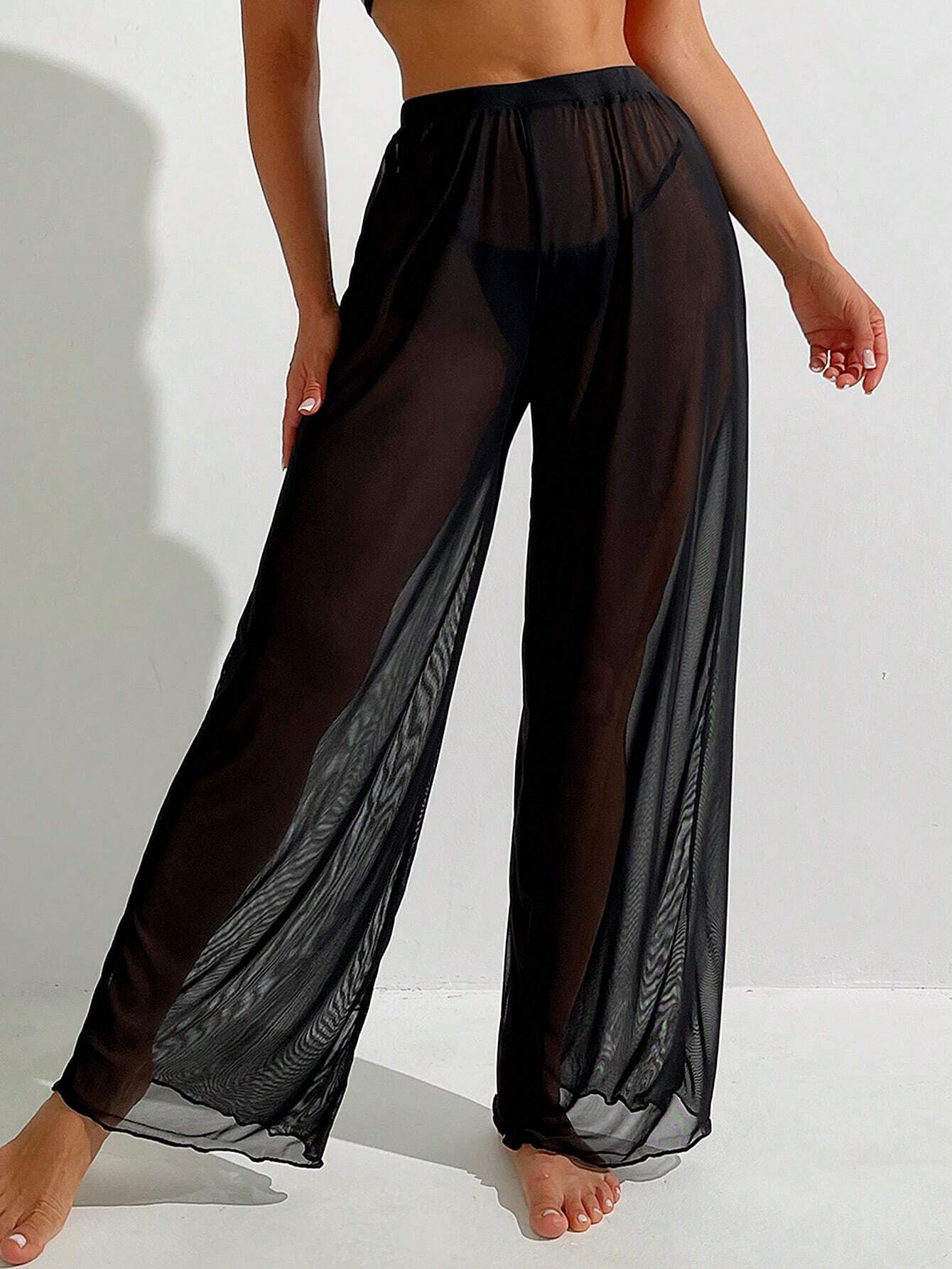 Pantalón Playero Transparente Negro Largo Con Tejido Liviano