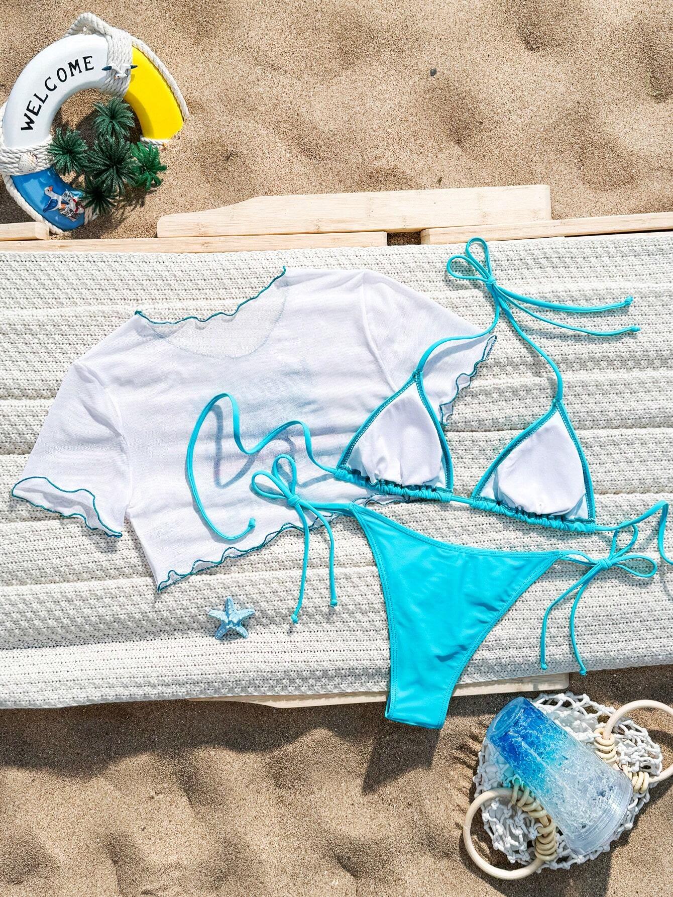 Bikini con Lazo y Ribete en Contraste para un Ajuste Perfecto Celeste