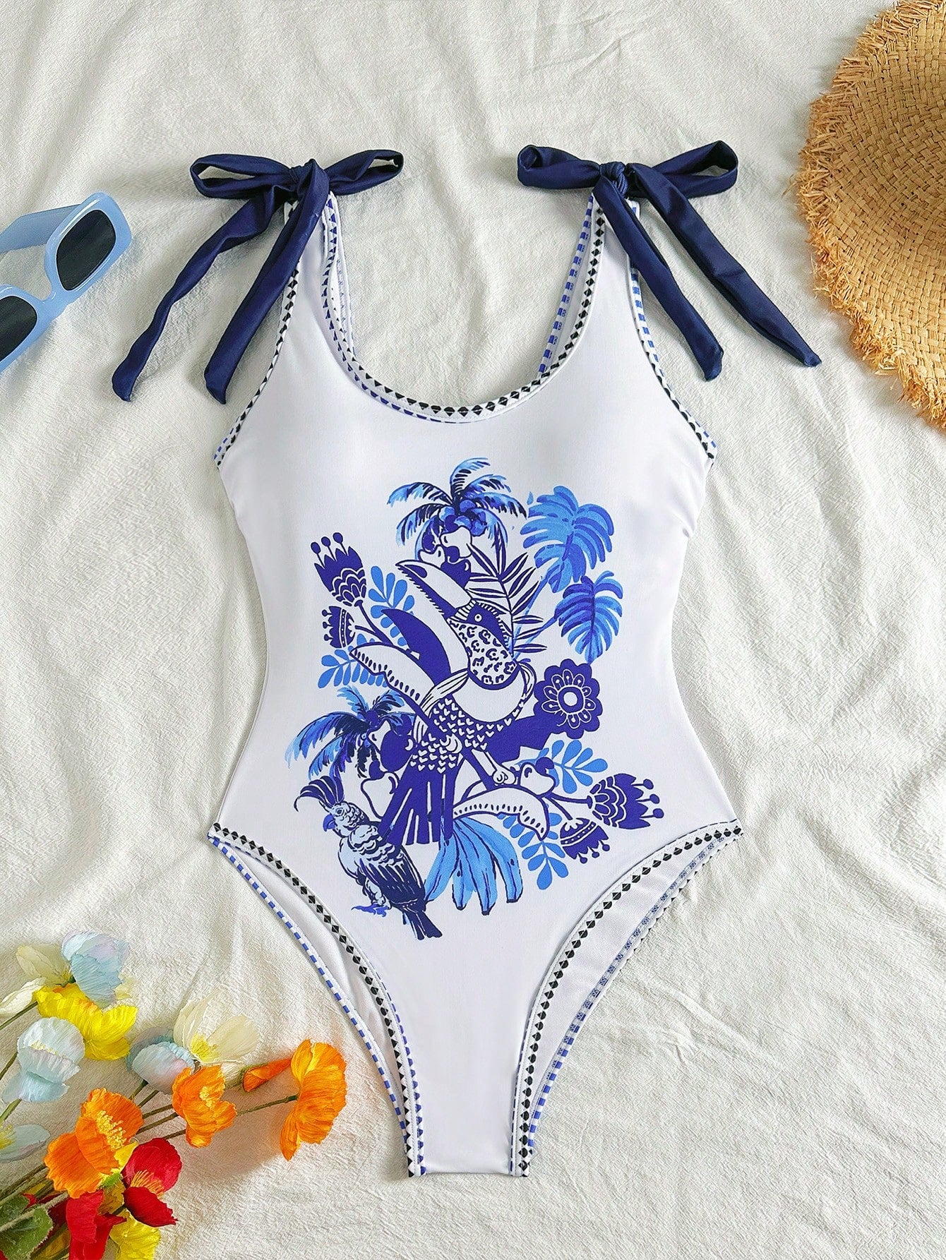 Traje De Baño Enterizo Bohemio Multicolor Con Lazos En Hombros