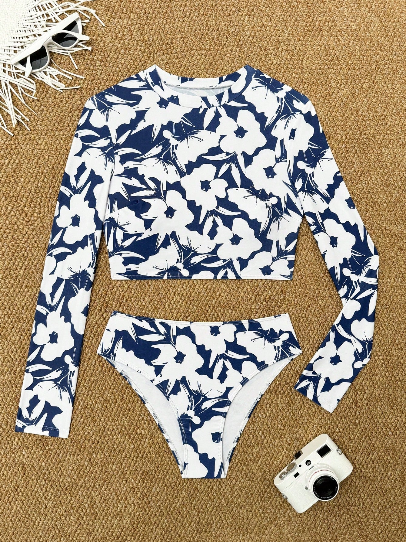 Set De Bikini Floral Manga Larga Azul Y Blanco