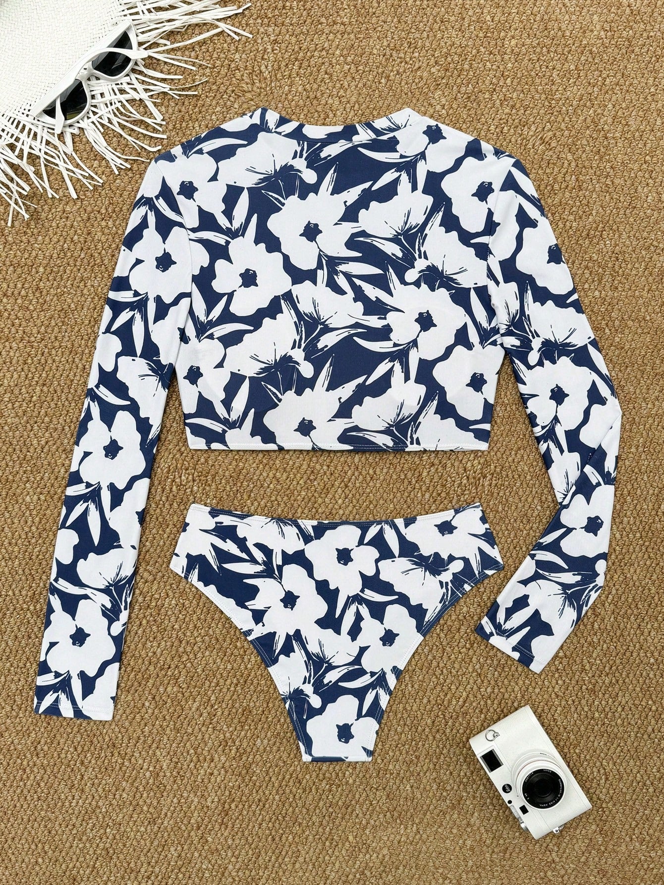 Set De Bikini Floral Manga Larga Azul Y Blanco