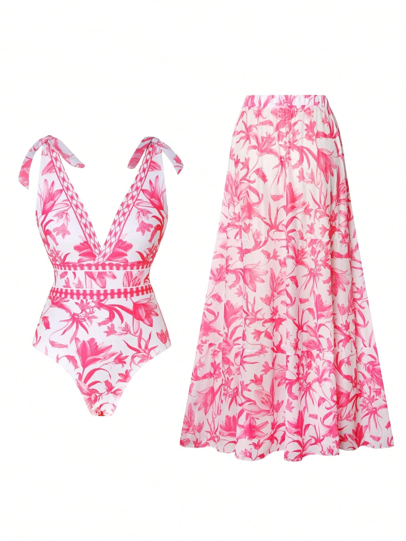 Set De Traje De Baño Rosa Con Estampado Floral Y Falda Larga