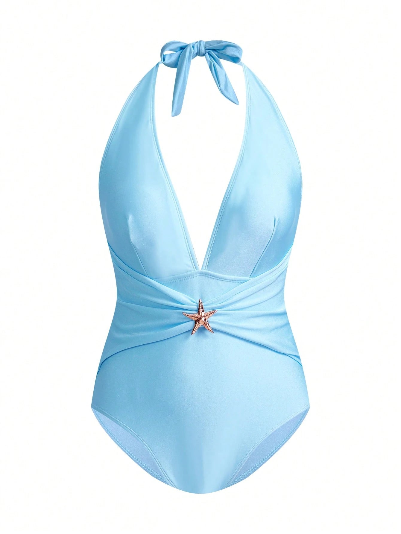 Traje De Baño Enterizo Celeste Con Pareo Y Detalle Estrella De Mar