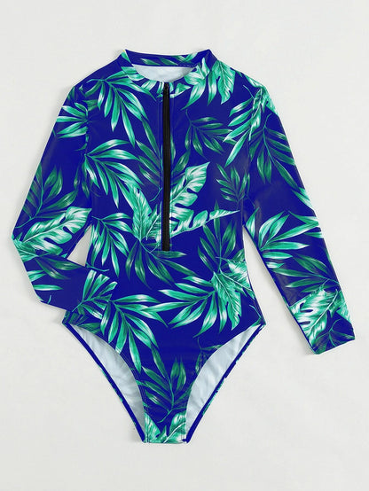 Enterizo De Playa Con Cremallera Azul Tropical Y Manga Larga