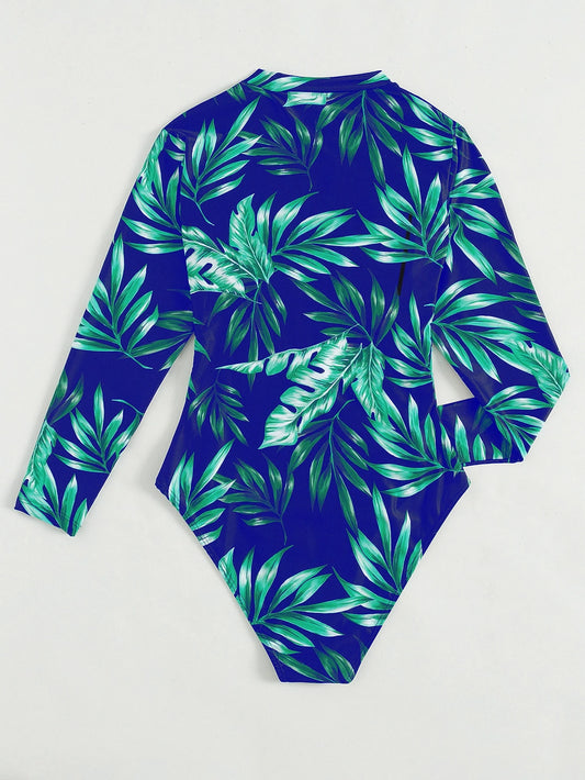 Enterizo De Playa Con Cremallera Azul Tropical Y Manga Larga