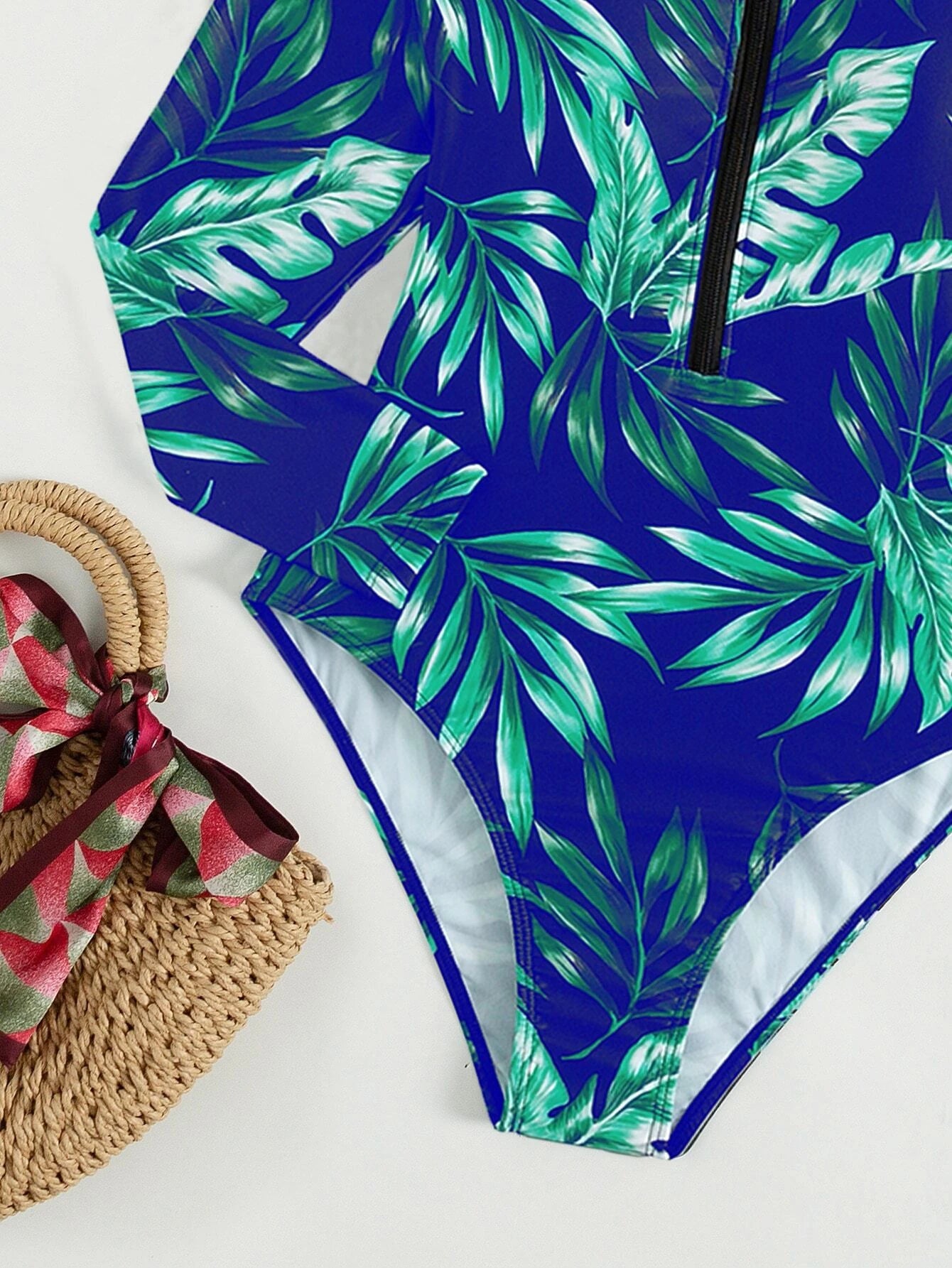Enterizo De Playa Con Cremallera Azul Tropical Y Manga Larga