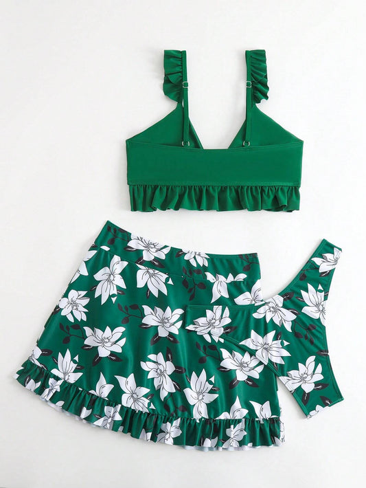 Conjunto de Bikini con Falda y Volantes Verde