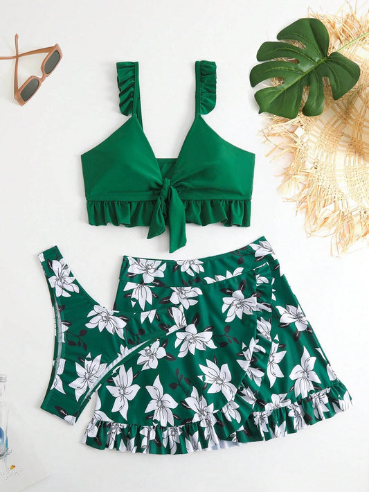 Conjunto de Bikini con Falda y Volantes Verde