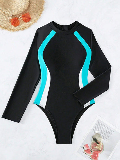 Traje De Baño Deportivo Color Combinado Con Espalda Abierta