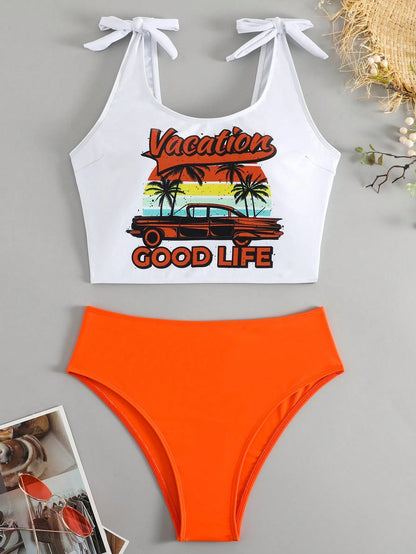 Set de Bikini Tropical Estampado Multicolor con Top de Nudos y Bottom Talle Alto