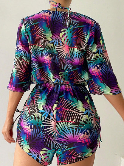 Conjunto De Bikini Tropical Con Salida Estampada Multicolor