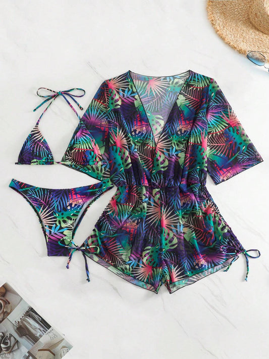 Conjunto De Bikini Tropical Con Salida Estampada Multicolor