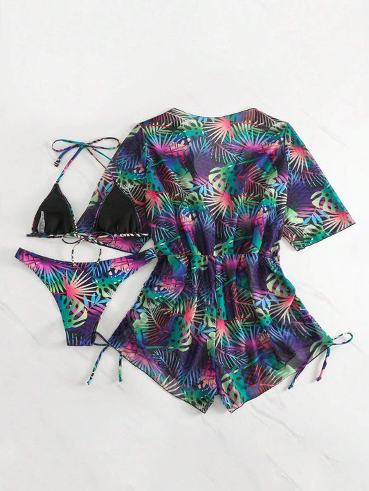 Conjunto De Bikini Tropical Con Salida Estampada Multicolor