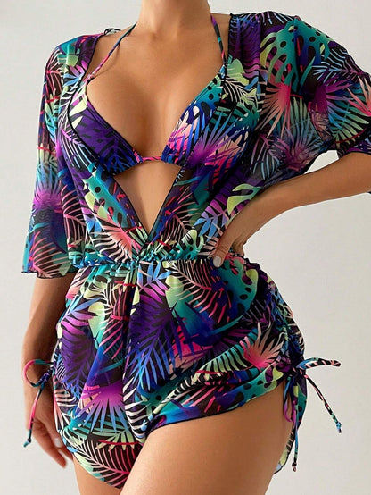 Conjunto De Bikini Tropical Con Salida Estampada Multicolor