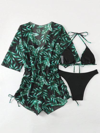 Set De Bikini Verde Oscuro Con Estampado Tropical Y Salida De Playa A Juego
