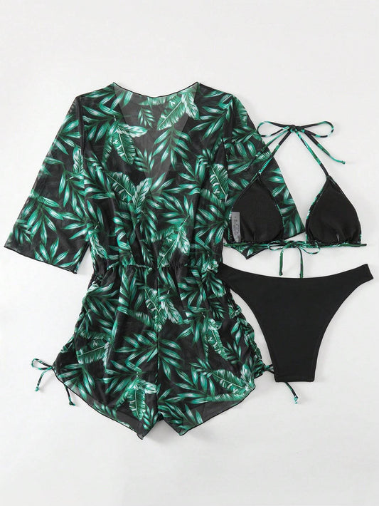 Set De Bikini Verde Oscuro Con Estampado Tropical Y Salida De Playa A Juego