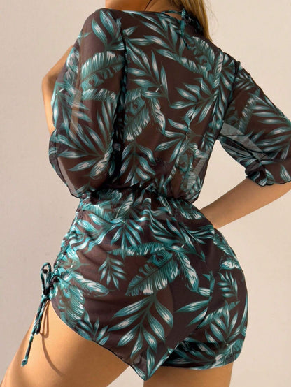 Set De Bikini Verde Oscuro Con Estampado Tropical Y Salida De Playa A Juego