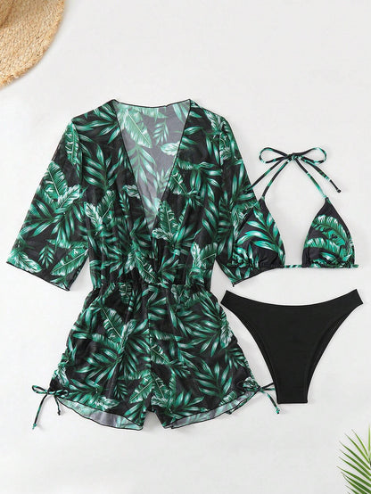 Set De Bikini Verde Oscuro Con Estampado Tropical Y Salida De Playa A Juego