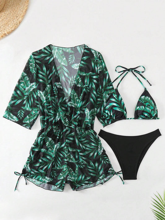 Set De Bikini Verde Oscuro Con Estampado Tropical Y Salida De Playa A Juego