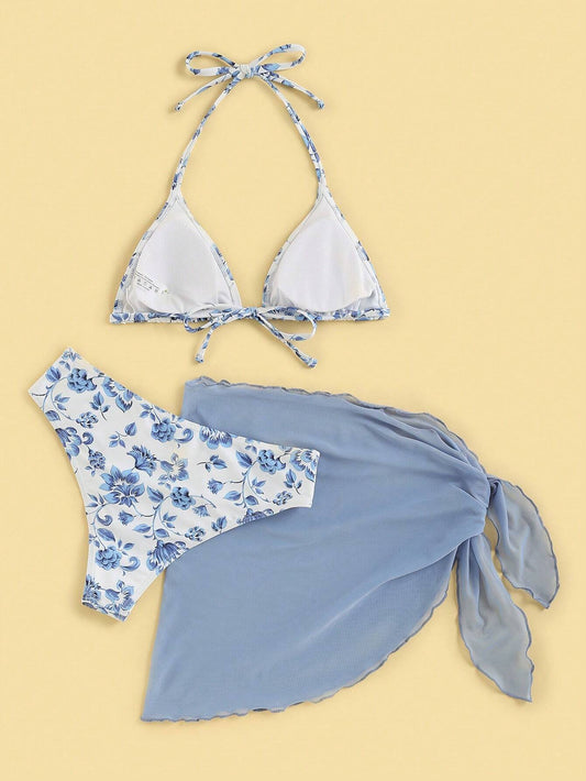 Bikini Con Pareo y Estampado Floral Azul