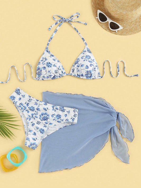 Bikini Con Pareo y Estampado Floral Azul