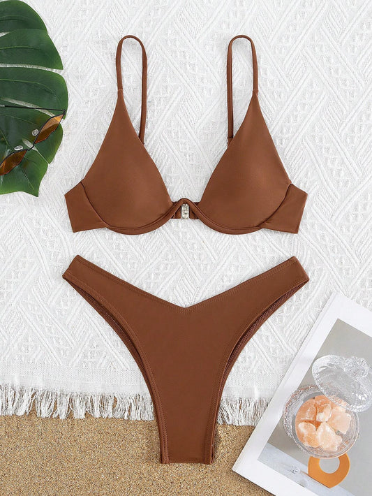 Bikini Push Up Café de Talle Alto con Corte Sexy