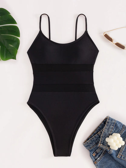 Traje De Baño Enterizo Negro Elegante Con Tirantes Finos Y Paneles De Gasa