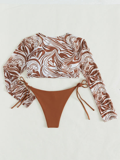 Bikini Estampado con Hebilla y Bottom de Lazo Marrón